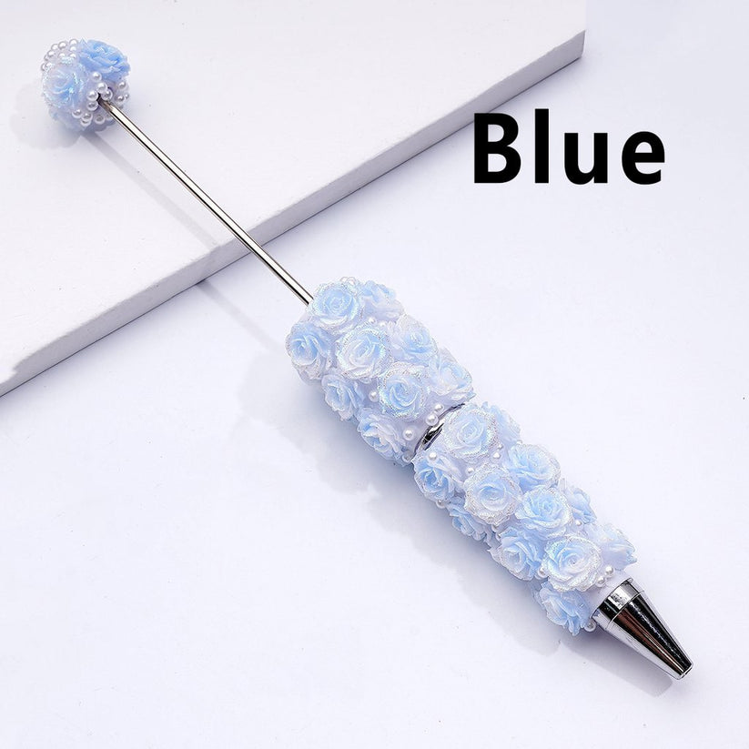 Beadable Pen Covered by Shiny Glitter Flowers White Pearls