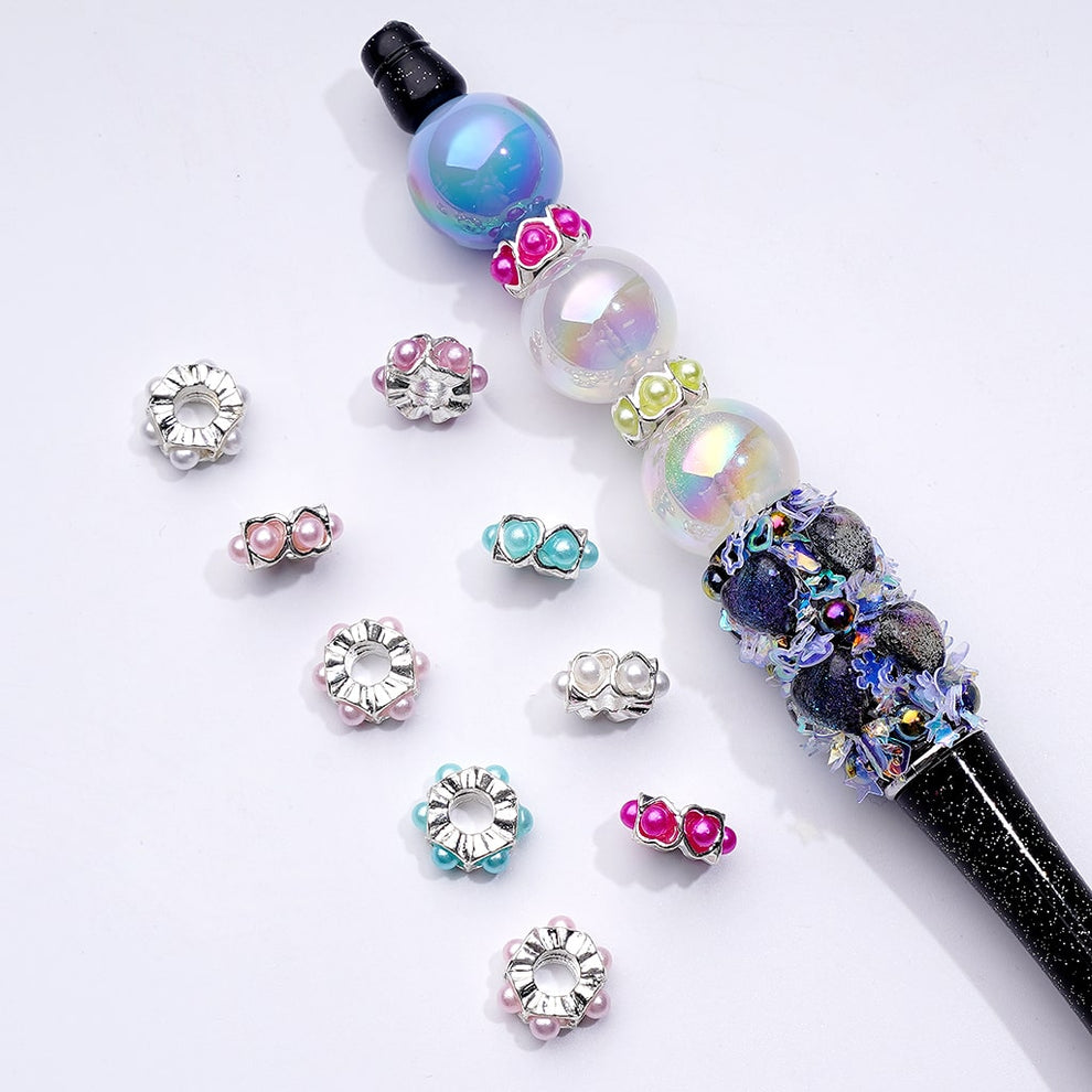 Mini Cute Silver Metal Heart Shape Spacer with Multi-Color Pearls, Around 16MM, Random Mix
