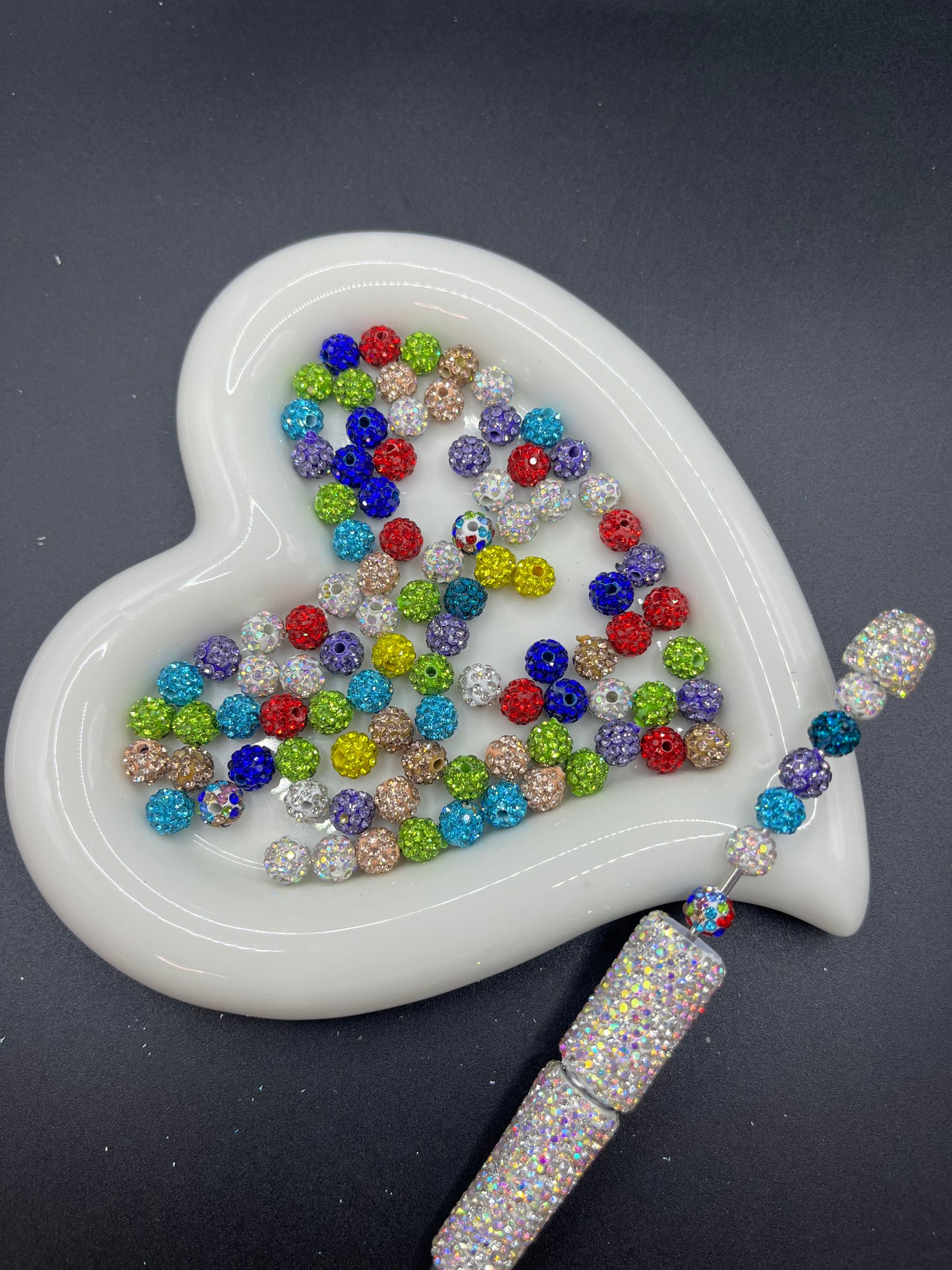 8mm Sizes Straight-Hole AB Color Polymer Clay Shambhala Beads - Double-Hole Loose Beads, Rhinestone Balls & White/Blue Beading for Bracelets