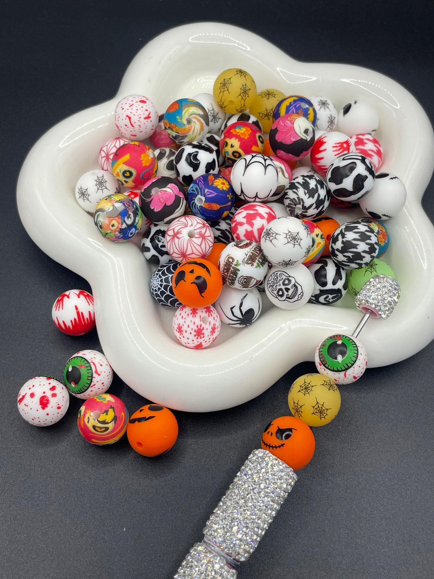 Halloween limited edition printed silicone beads, various styles randomly mixed, 15mm