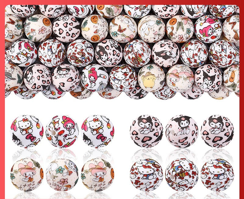 15 Mm Hot-selling Round Water Transfer Silicone Beads Loose Beads Children's Jewelry Boys and Girls DIY Beaded Bracelet Printing Beads