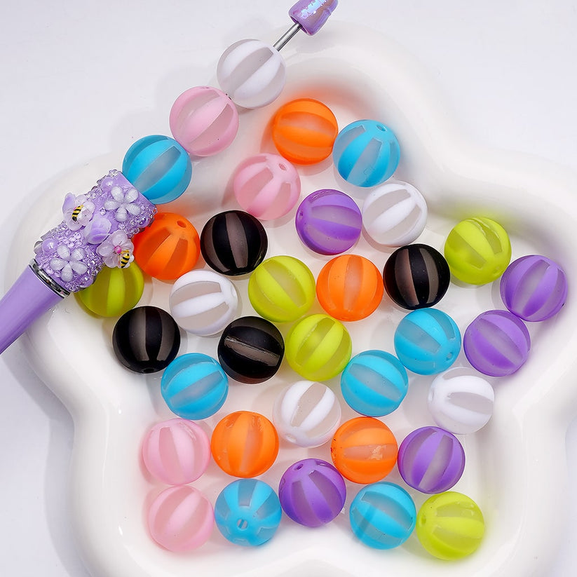Acrylic Beads Round Frosted Watermelon Stripes Multi-Color, 16MM