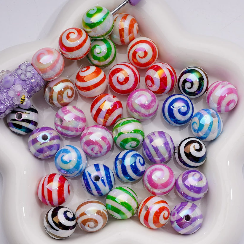 UV Coating Multi-Color Swirl Stripes Round Acrylic Beads, 16MM