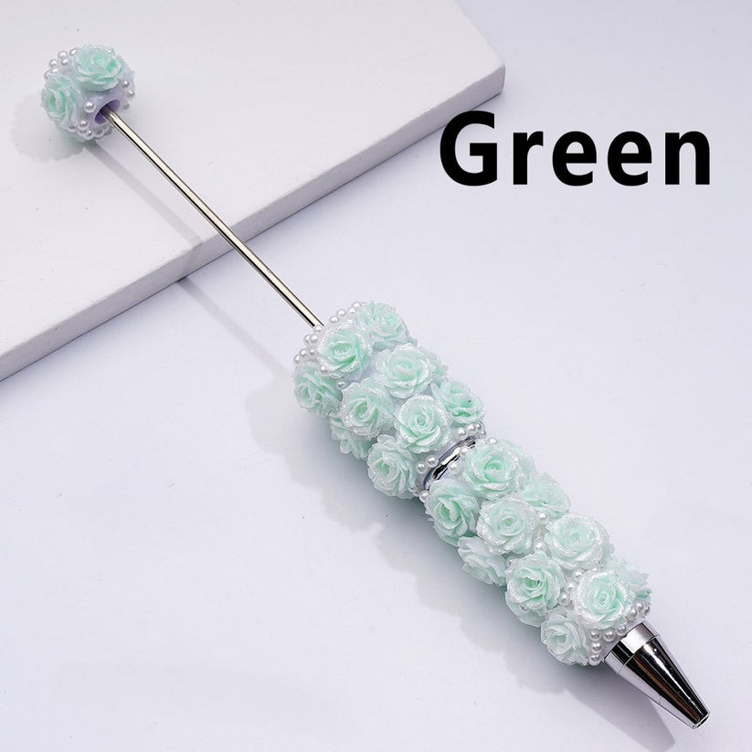 Beadable Pen Covered by Shiny Glitter Flowers White Pearls