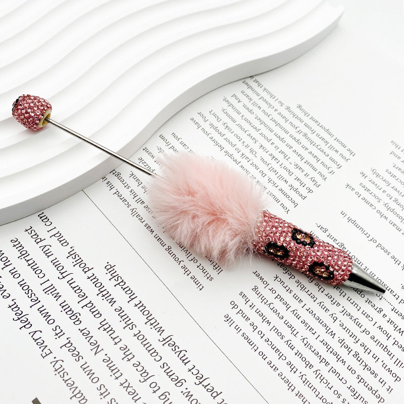 New creative DIY pom-pom bead pen, leopard print full diamond bead ballpoint pen, color cute cartoon pen wholesale