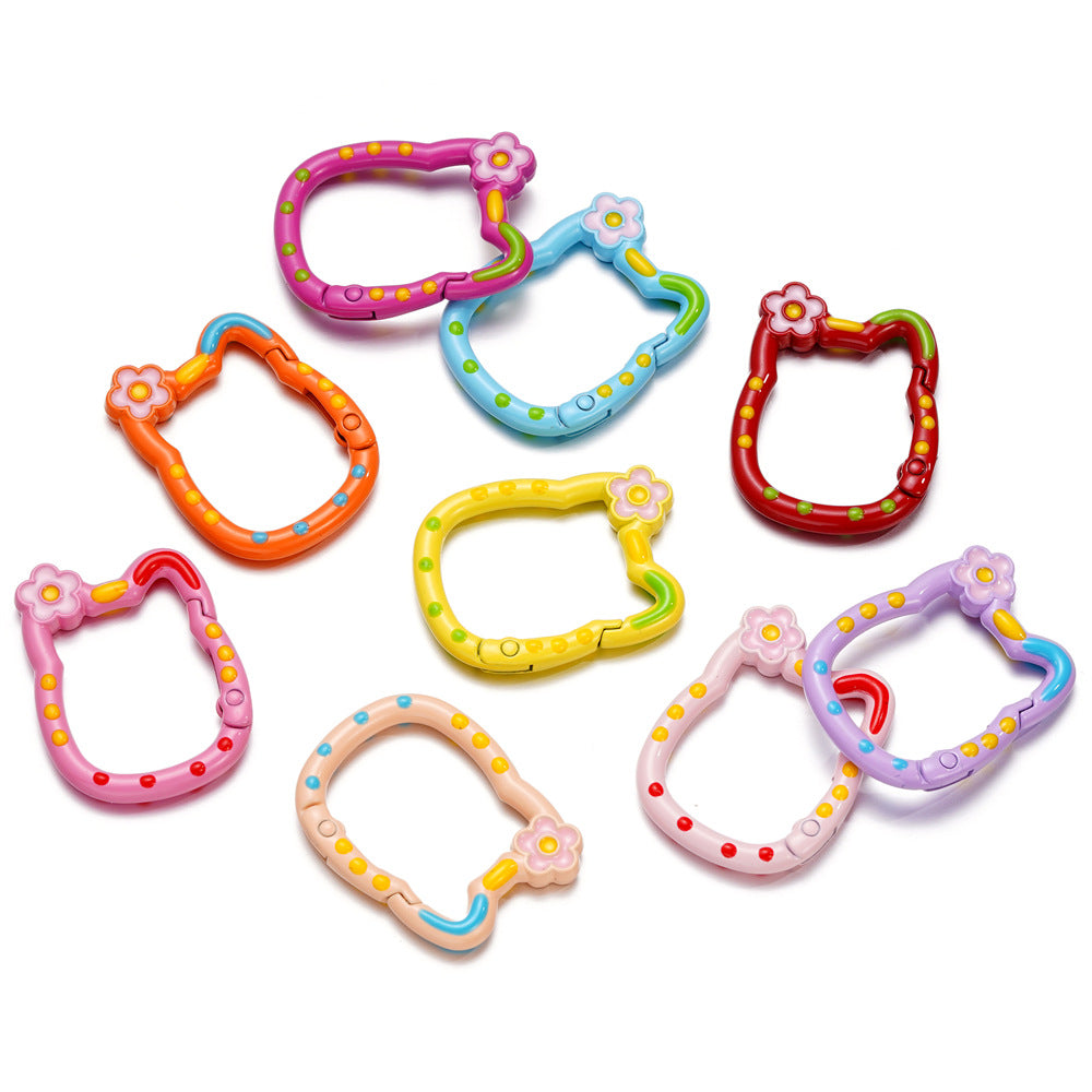 28*35mm HK Flower Head Alloy Painted Paint Kitty Cat Spring Chain Key Ring DIY Mobile Phone Pendant Bag Buckle Ring