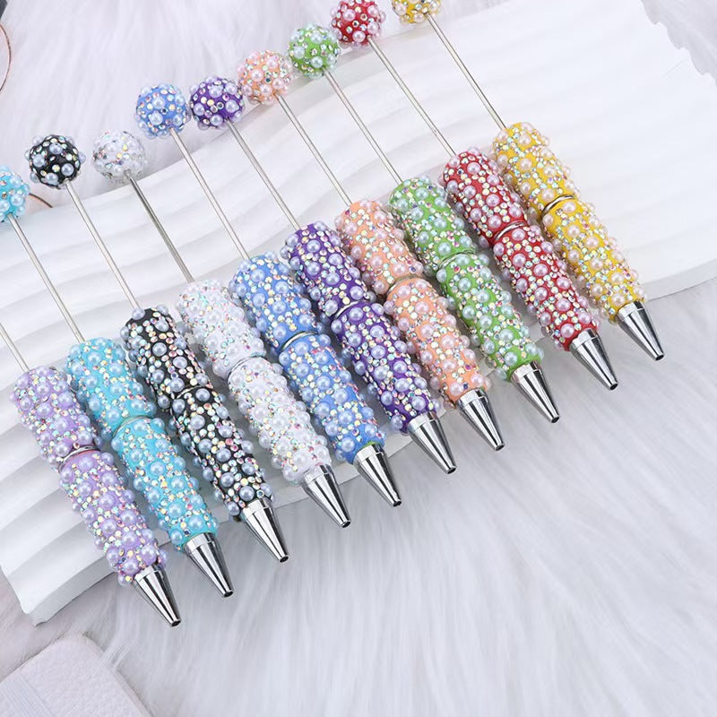 New DIY pearl full diamond bead pen, heavy industry diamond-encrusted pearl ballpoint pen, student stationery gift pen wholesale