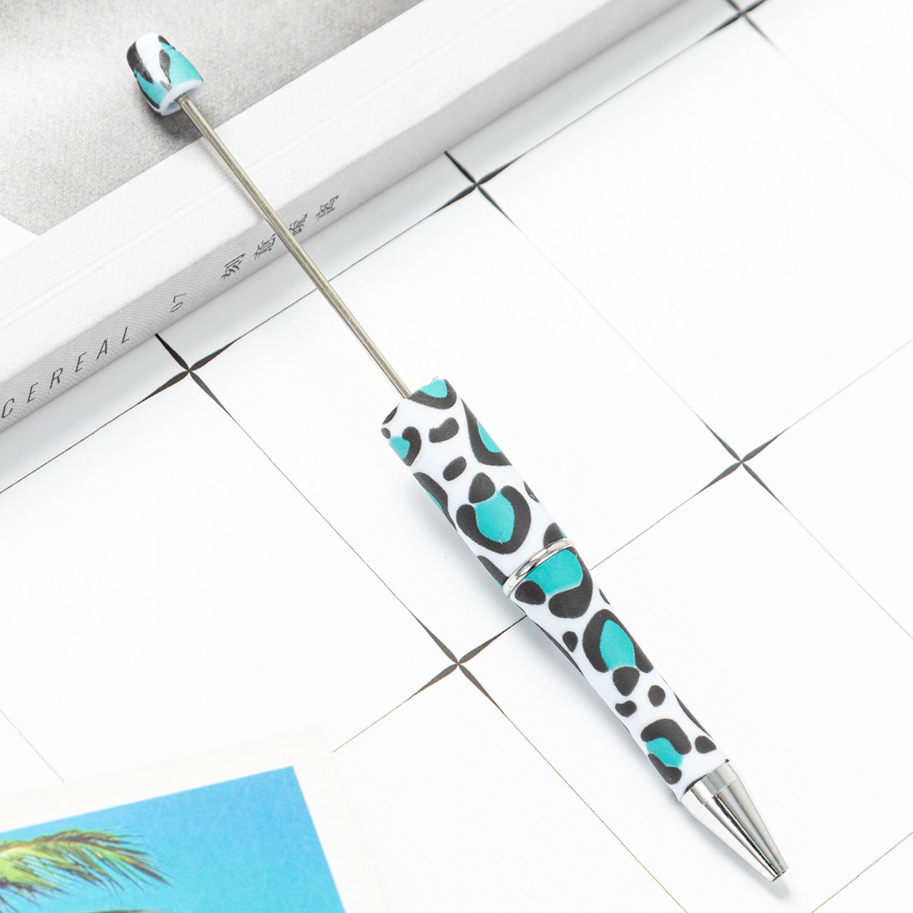 DIY plastic bead pen creative handmade leopard print floral cow bead pen wholesale printing new plastic bead pen