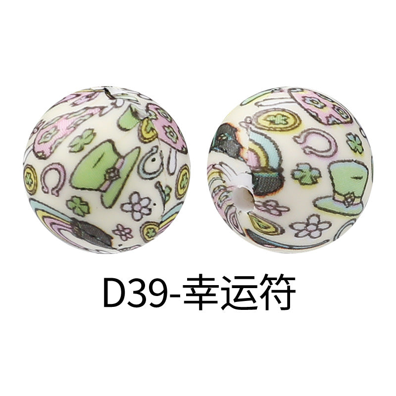 15mm new rhombus pattern silicone beads water transfer leopard print bracelet beaded jewelry silicone loose beads wholesale