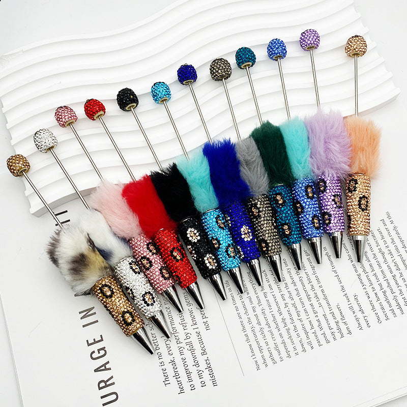 New creative DIY pom-pom bead pen, leopard print full diamond bead ballpoint pen, color cute cartoon pen wholesale