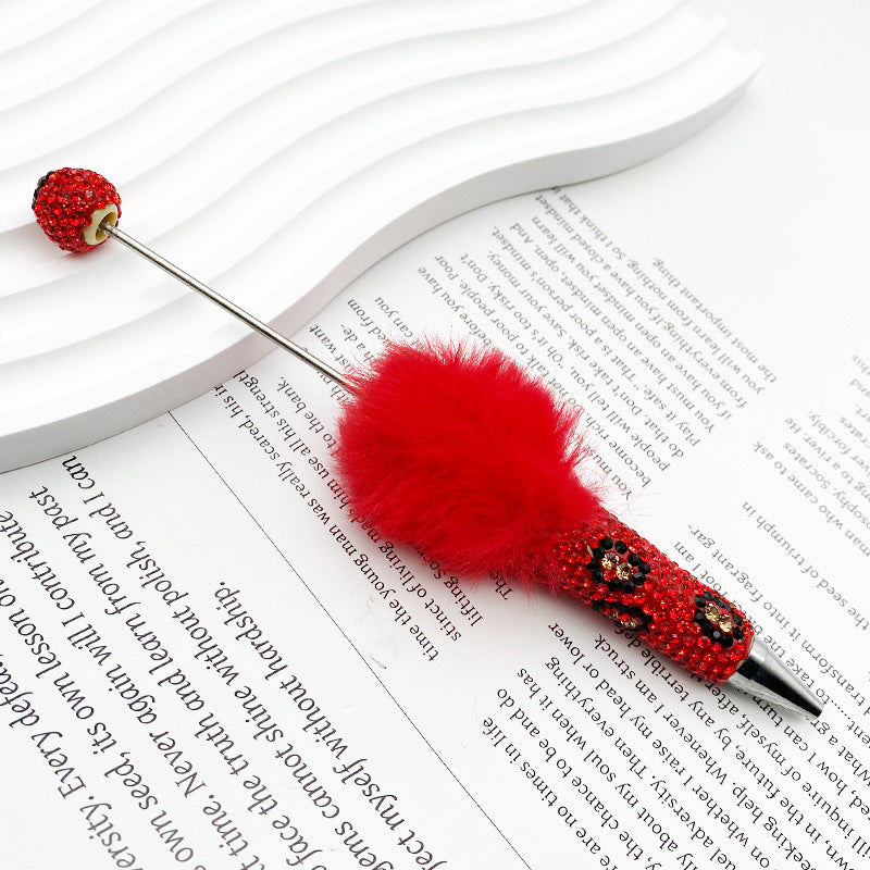 New creative DIY pom-pom bead pen, leopard print full diamond bead ballpoint pen, color cute cartoon pen wholesale