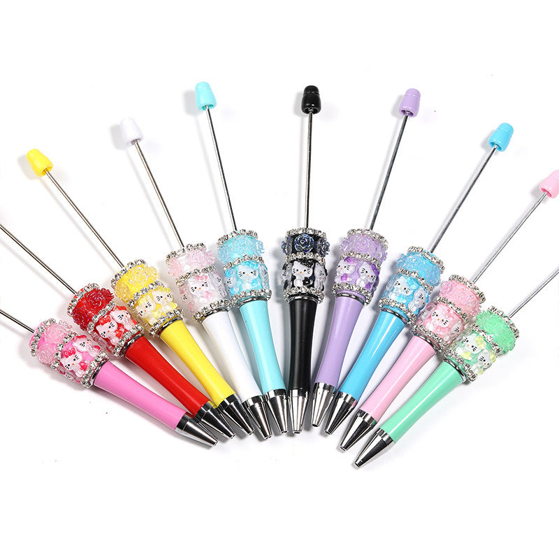 Heavy Industry DIY Resin HelloKitty Cat Camellia Rose Rhinestone Chain Beaded Ballpoint Pen