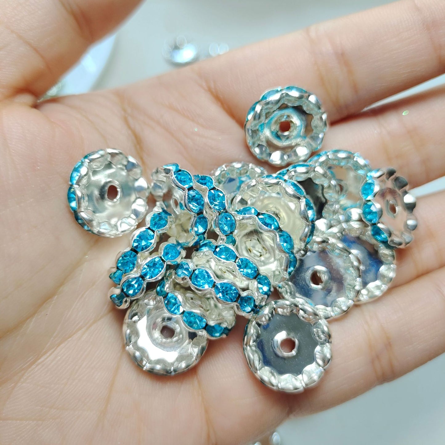 15mm Cross-border Hot-selling Silver Bead Spacer Round Rhinestone Ring Wheel Spacer Wavy Edge Diamond Spacer Accessories