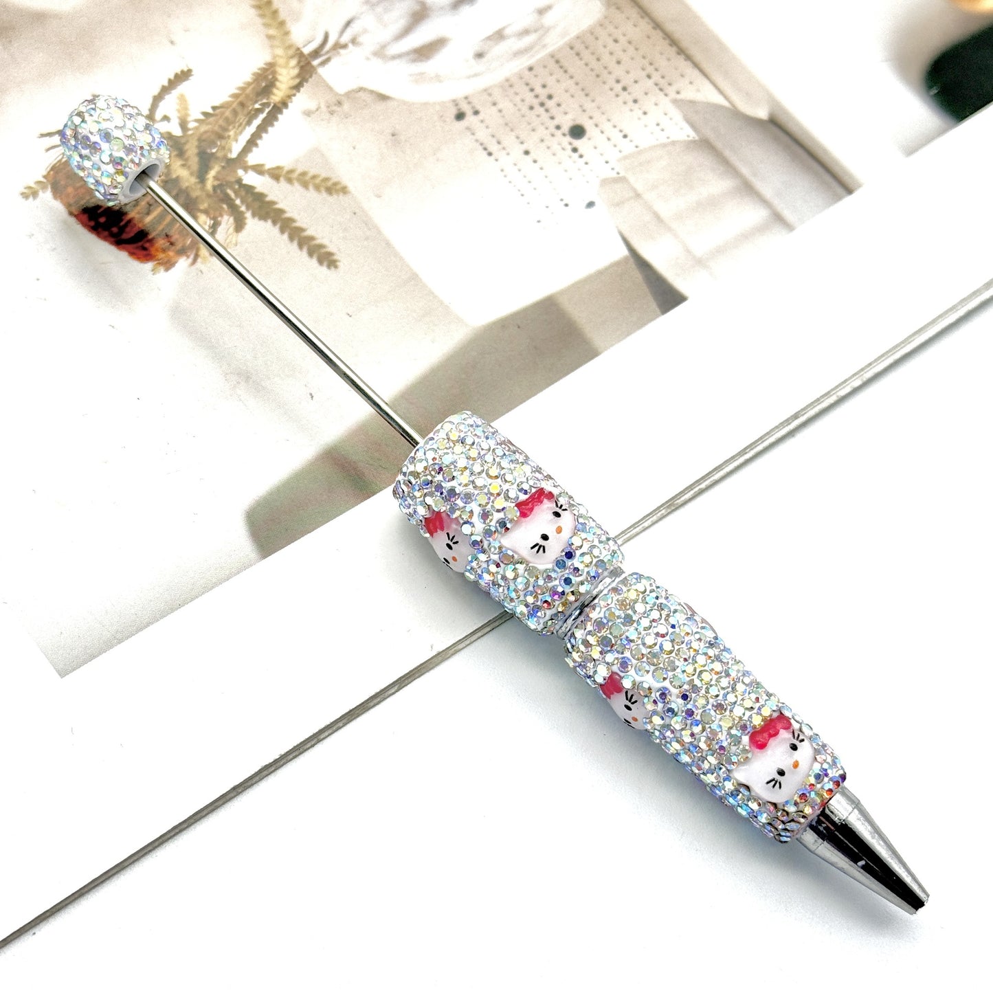 Beadable Clay Pens with Cute HK Kitten Head AB Rhinestones Covered the Entire Pen