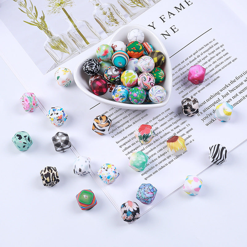 Spot 14mm Hexagonal Silicone Beads Water Transfer Octagonal Beads DIY Baby Toothpaste Anti-drop Chain Loose Beads Random Mix
