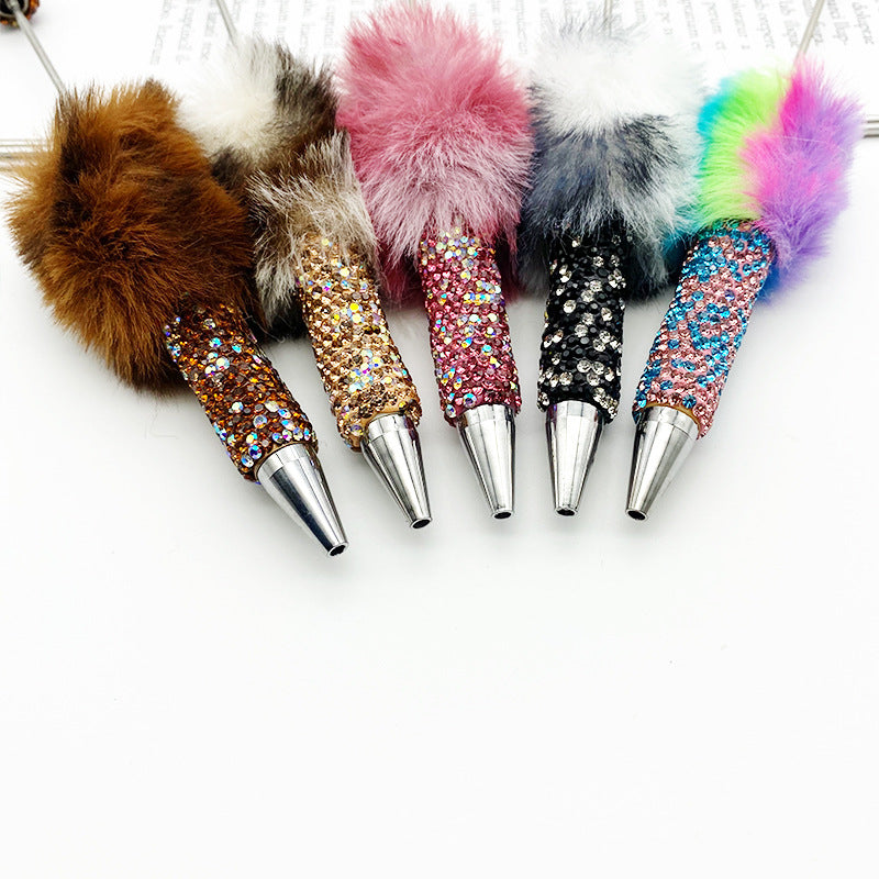Leopard print hairball heavy industry bead pen DIY full diamond beaded ballpoint pen rainbow color cute plush pen spot wholesale