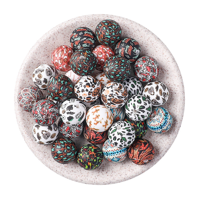 15mm new rhombus pattern silicone beads water transfer leopard print bracelet beaded jewelry silicone loose beads wholesale
