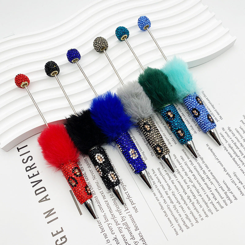 New creative DIY pom-pom bead pen, leopard print full diamond bead ballpoint pen, color cute cartoon pen wholesale