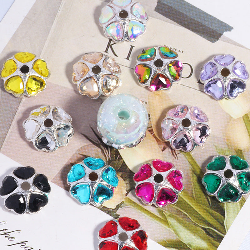2025 New Random Mixed Color 15mm Heart-Shaped Diamond Alloy Rhinestone Flower Tray Color DIY Bead Spacer Mobile Phone Key Chain Necklace Bag Chain Accessories