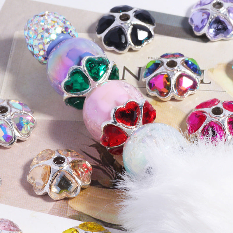 2025 New Random Mixed Color 15mm Heart-Shaped Diamond Alloy Rhinestone Flower Tray Color DIY Bead Spacer Mobile Phone Key Chain Necklace Bag Chain Accessories