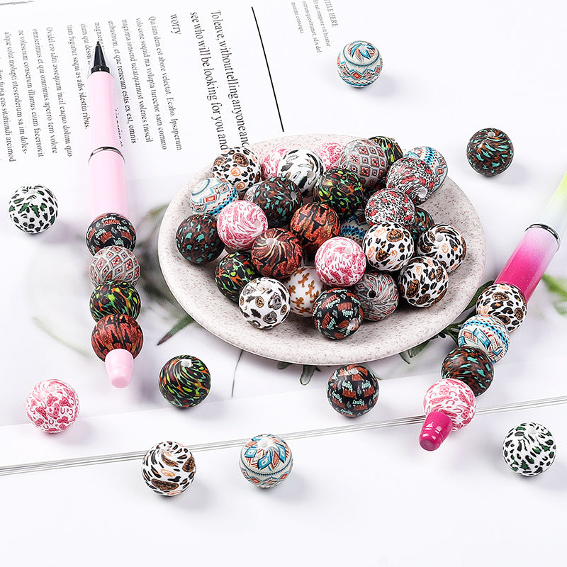15mm new rhombus pattern silicone beads water transfer leopard print bracelet beaded jewelry silicone loose beads wholesale