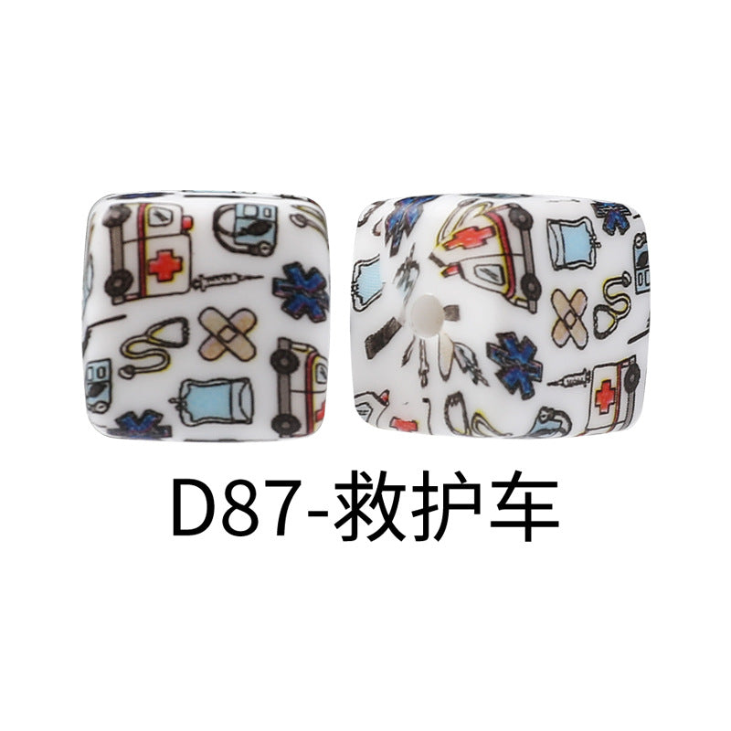 New Square Watermark Silicone Beads 14mm Beaded Spacer DIY Necklace Accessories Square Printing Beads Wholesale