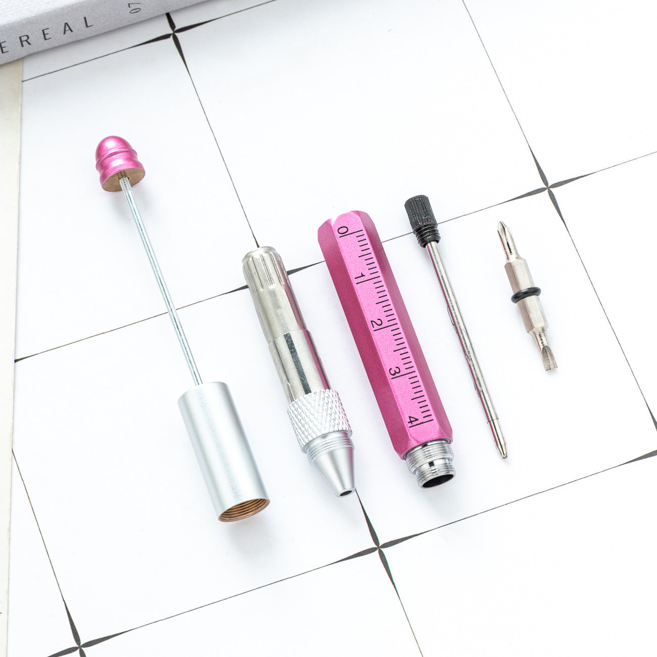 Multifunctional metal tool pen 5-in-1 painting scale screwdriver ballpoint pen DIY beading tool pen