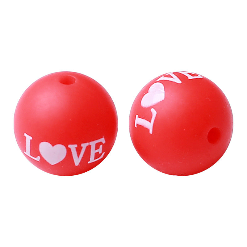 15mm Hot-selling New Valentine's Day Silicone Beads Printing Round Beads DIY Baby Toothpaste Anti-drop Chain Loose Beads Wholesale