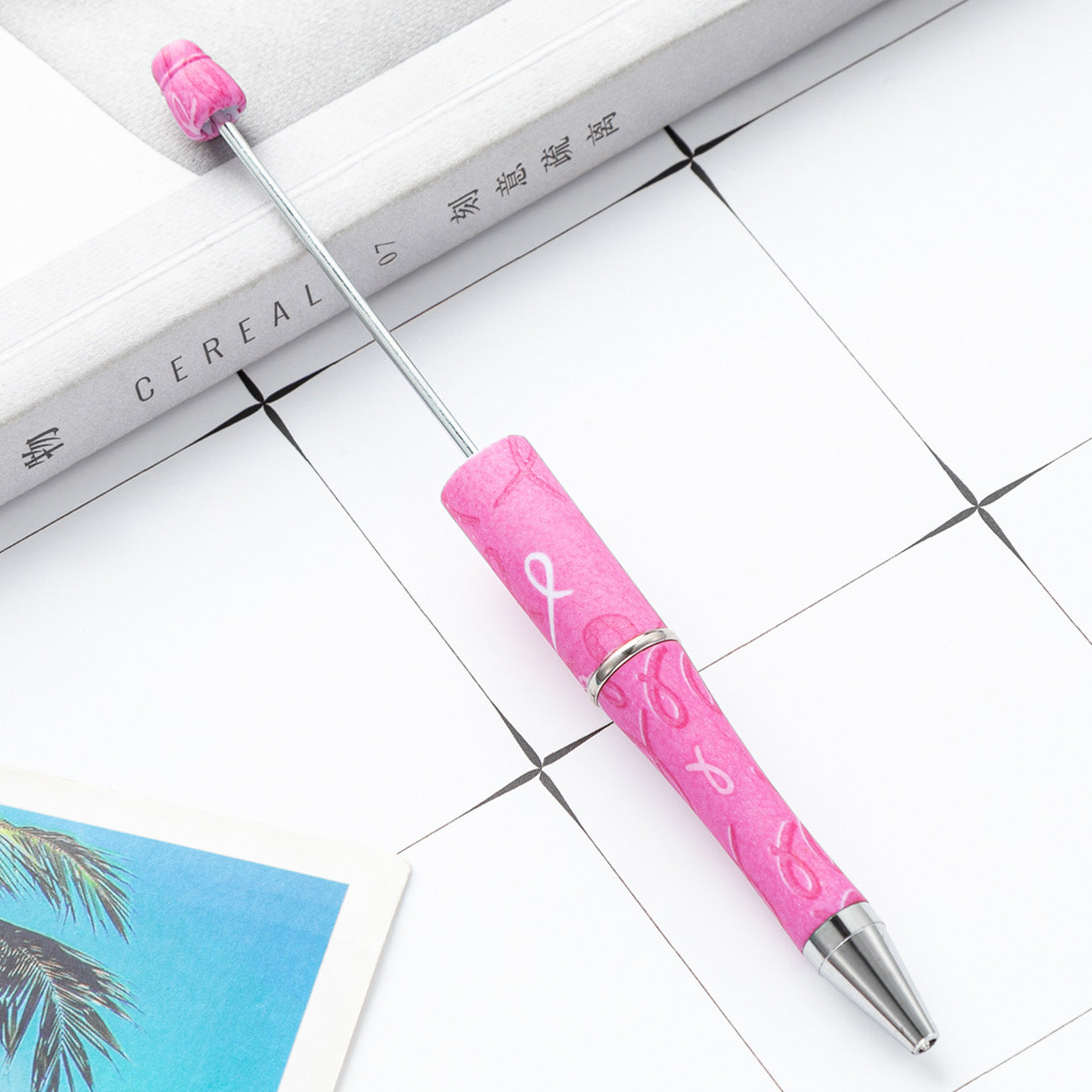Pink and White Breast Cancer Awareness Ribbon Printed Beadable Pens