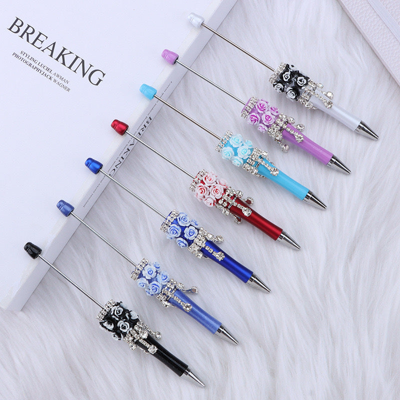 DIY flower pendant bead pen, handmade rose heavy industry ballpoint pen, puzzle bead cute grain gift spot wholesale