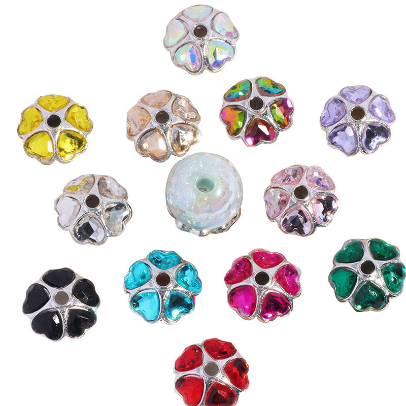 2025 New Random Mixed Color 15mm Heart-Shaped Diamond Alloy Rhinestone Flower Tray Color DIY Bead Spacer Mobile Phone Key Chain Necklace Bag Chain Accessories