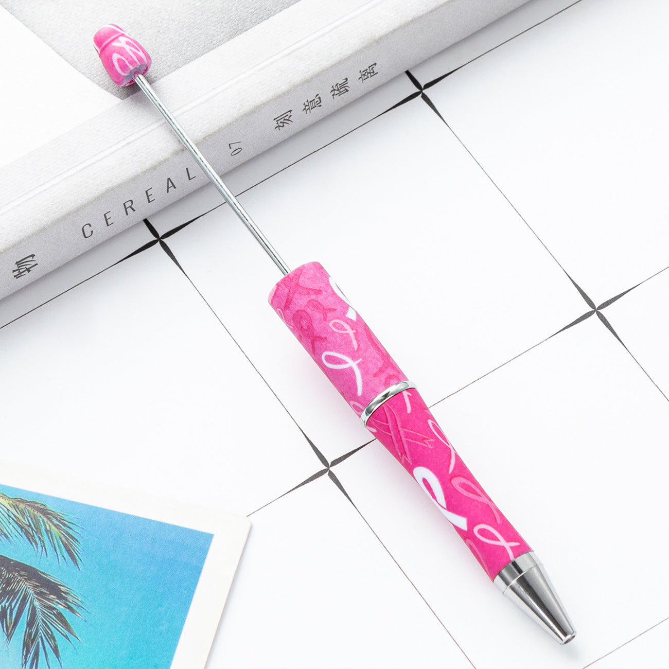 Pink and White Breast Cancer Awareness Ribbon Printed Beadable Pens