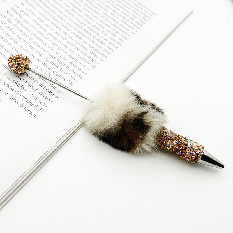 Leopard print hairball heavy industry bead pen DIY full diamond beaded ballpoint pen rainbow color cute plush pen spot wholesale