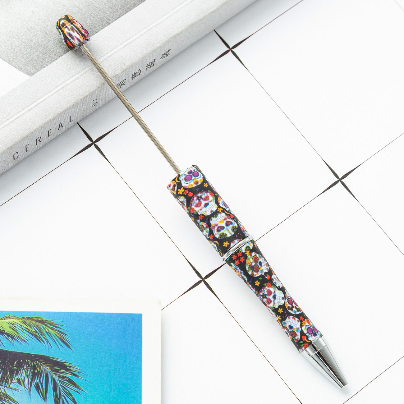 DIY plastic bead pen creative handmade leopard print floral cow bead pen wholesale printing new plastic bead pen