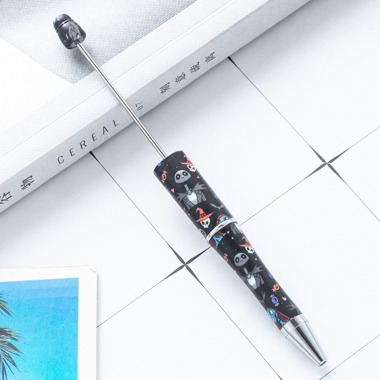 Cross-border new DIY plastic bead pen Christmas Halloween beaded ballpoint pen spot wholesale printing bead pen