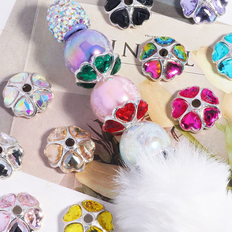 2025 New Random Mixed Color 15mm Heart-Shaped Diamond Alloy Rhinestone Flower Tray Color DIY Bead Spacer Mobile Phone Key Chain Necklace Bag Chain Accessories