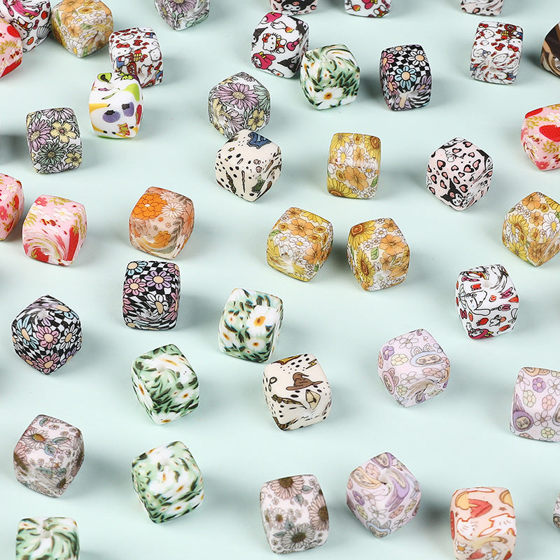 New Square Watermark Silicone Beads 14mm Beaded Spacer DIY Necklace Accessories Square Printing Beads Wholesale