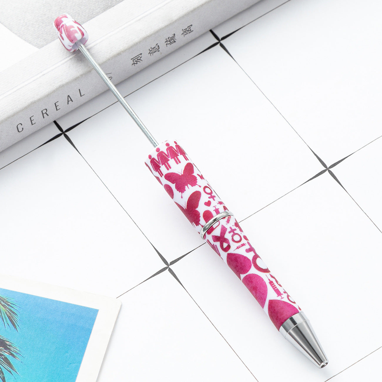 Pink and White Breast Cancer Awareness Ribbon Printed Beadable Pens