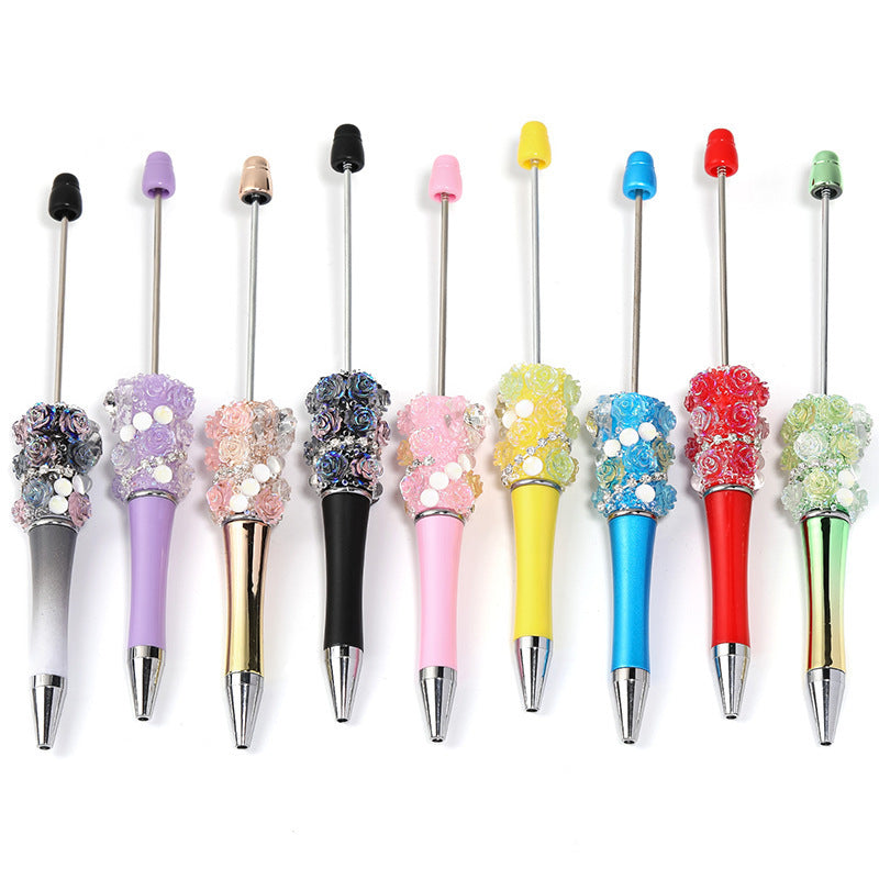 Cross-border rose bead pen wholesale creative DIY plastic beaded ballpoint pen hand sticker diamond bead pen