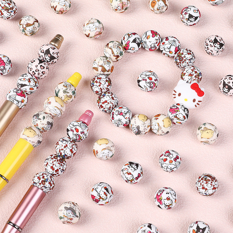 15 Mm Hot-selling Round Water Transfer Silicone Beads Loose Beads Children's Jewelry Boys and Girls DIY Beaded Bracelet Printing Beads