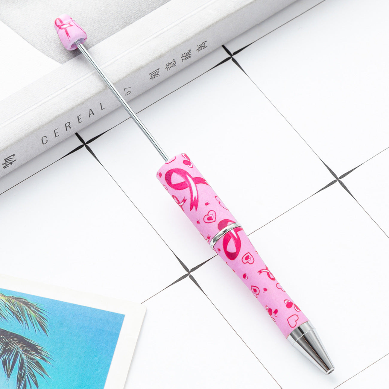 Pink and White Breast Cancer Awareness Ribbon Printed Beadable Pens