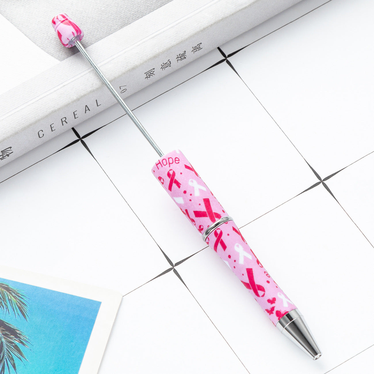 Pink and White Breast Cancer Awareness Ribbon Printed Beadable Pens