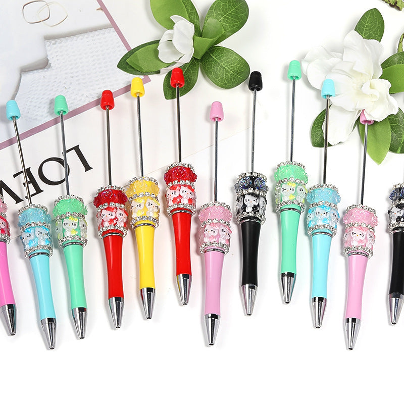 Cross-border new high-value bead pen cartoon decompression flower ballpoint pen creative DIY handmade full drill neutral pen
