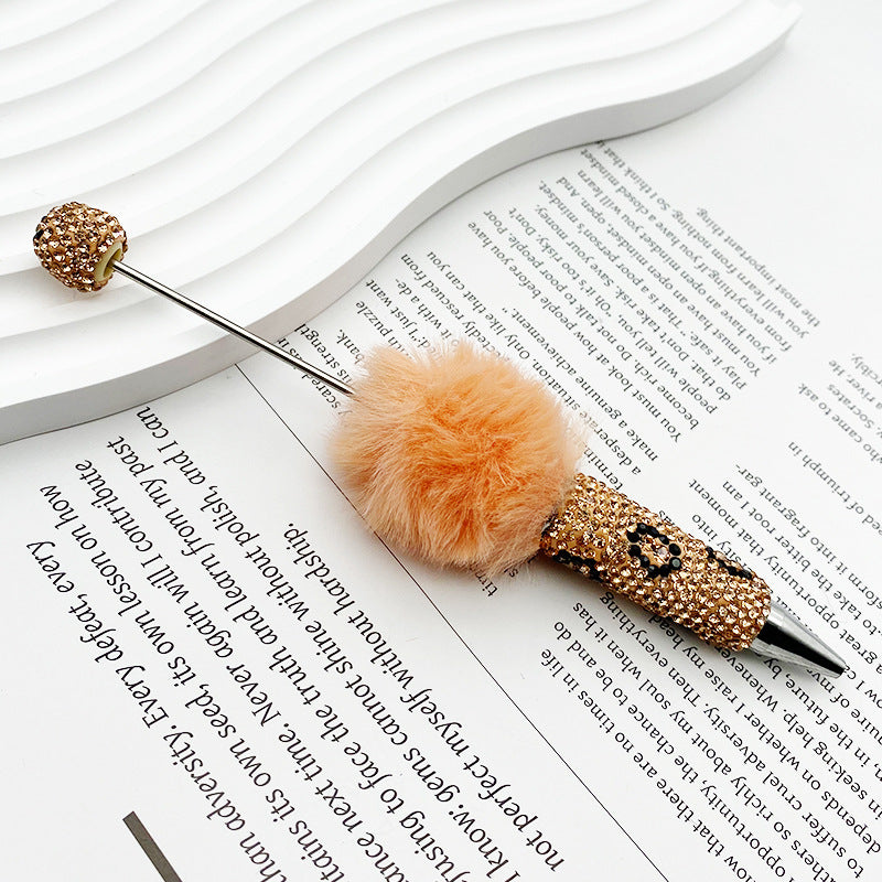 New creative DIY pom-pom bead pen, leopard print full diamond bead ballpoint pen, color cute cartoon pen wholesale