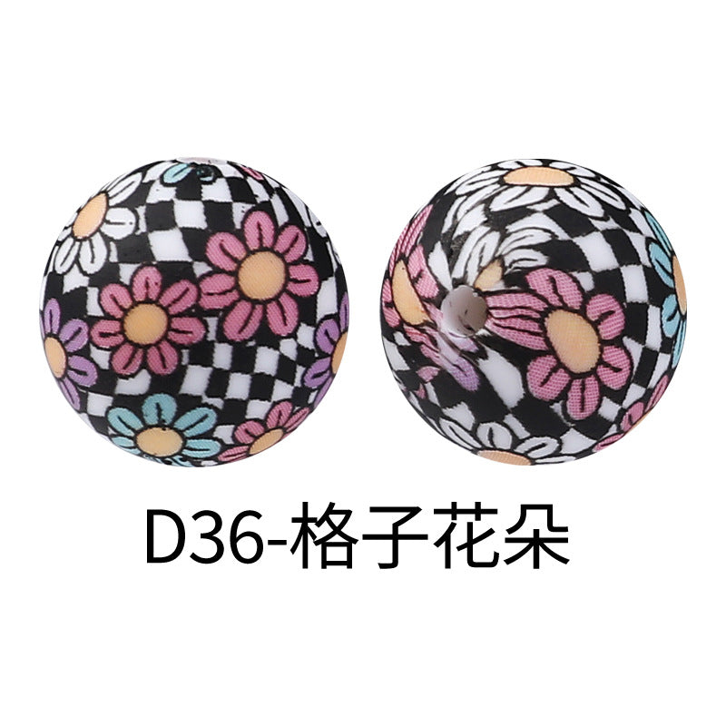 15mm new rhombus pattern silicone beads water transfer leopard print bracelet beaded jewelry silicone loose beads wholesale