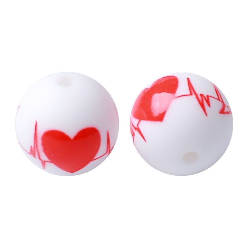 15mm Hot-selling New Valentine's Day Silicone Beads Printing Round Beads DIY Baby Toothpaste Anti-drop Chain Loose Beads Wholesale