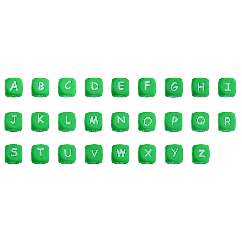 12 Mm White Text on Green Background European and American English Alphabet Silicone Beads DIY Beaded Jewelry Bracelets Necklaces Food Grade Silicone Alphabet Beads Wholesale