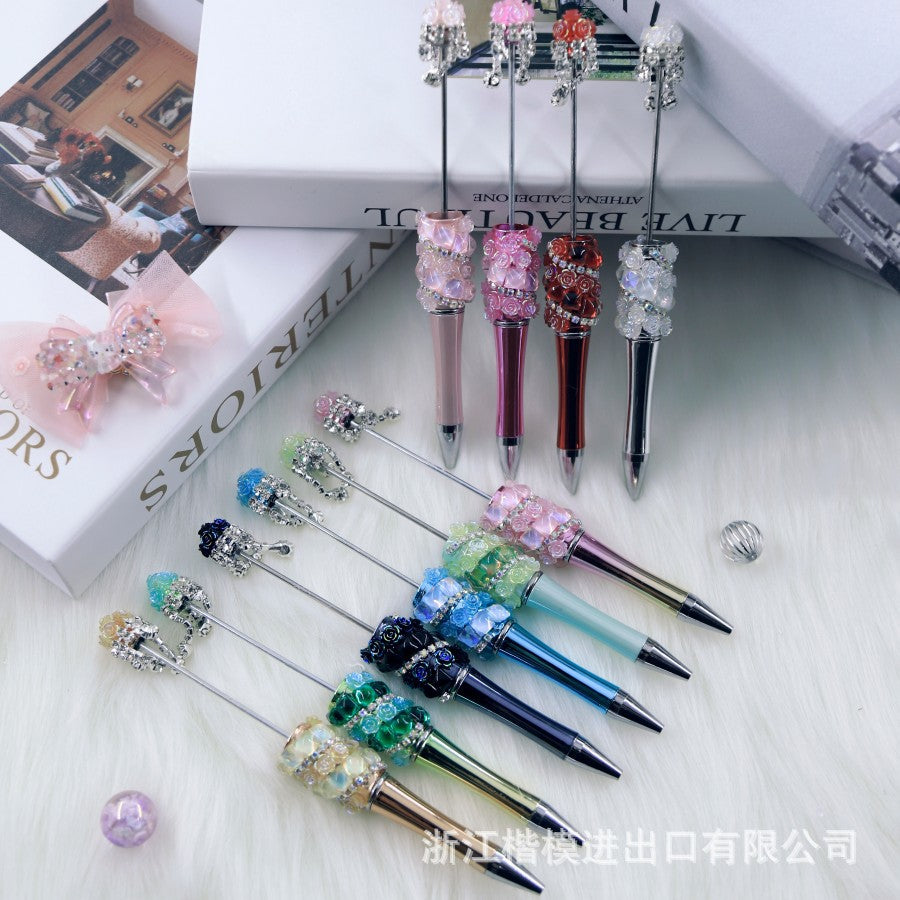 Popular DIY pearl flower bead pen handmade patch plastic ballpoint pen, cartoon flower bone pearl gift pen