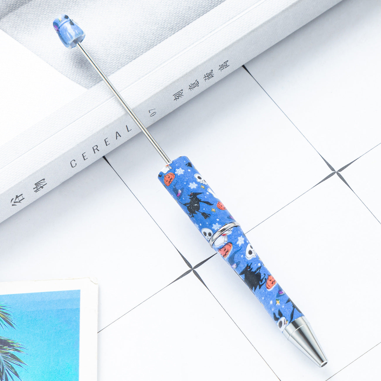 Cross-border new DIY plastic bead pen Christmas Halloween beaded ballpoint pen spot wholesale printing bead pen