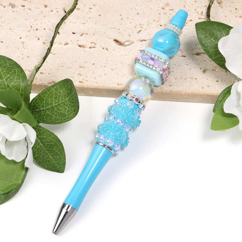 Heavy Industry Pearl Camellia DIY Beaded Pen Resin Rose DIY Beaded Rotary Ballpoint Pen Spot Wholesale